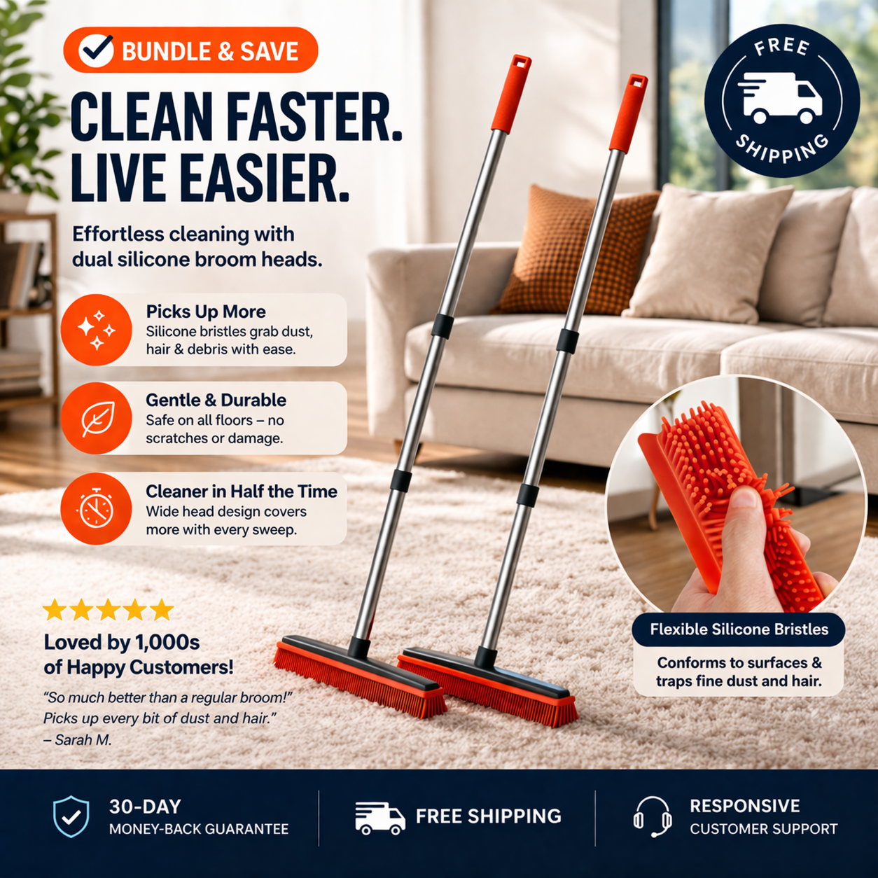 Pet Hair Remover Rubber Broom for Carpet, Rugs, & Furniture