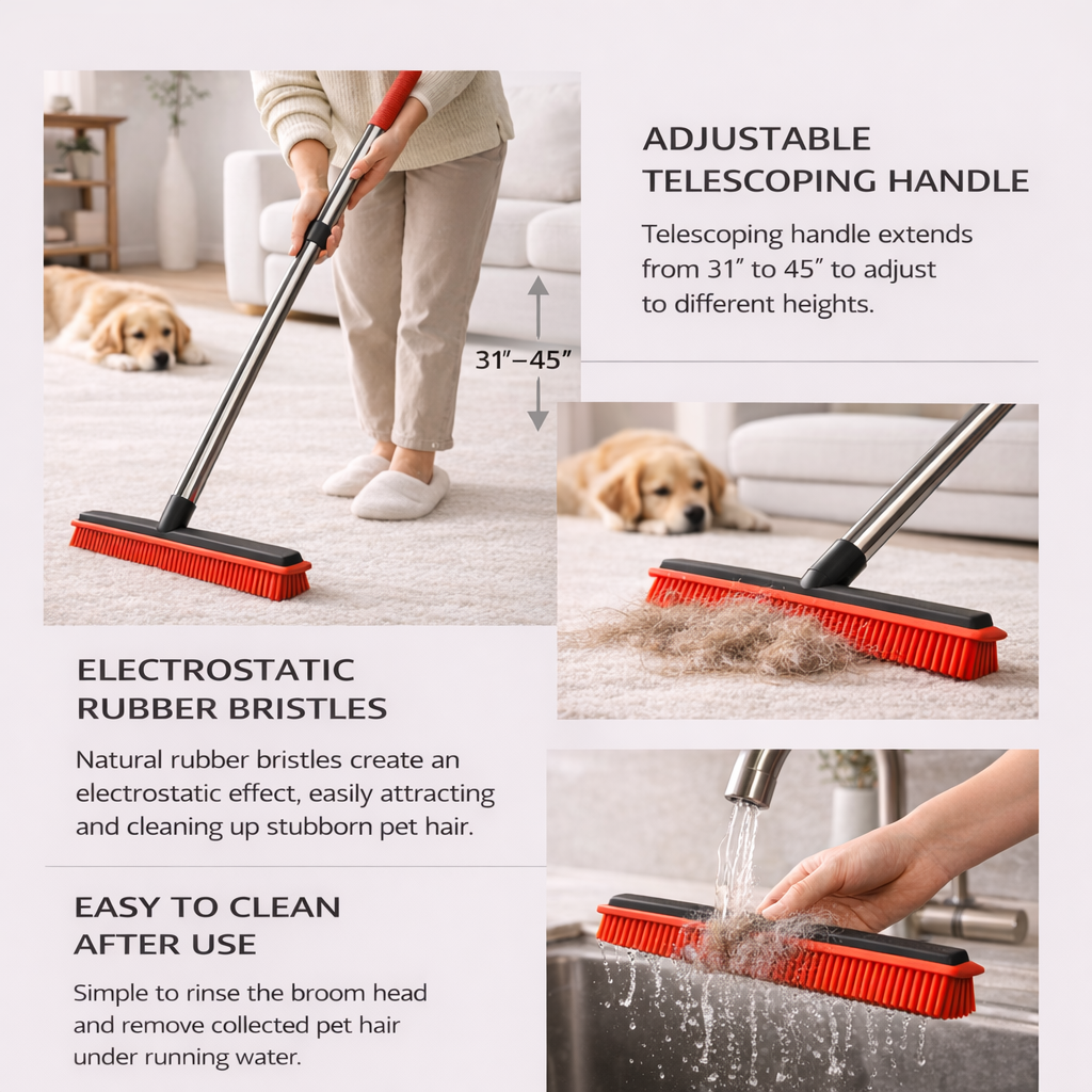 Pet Hair Remover Rubber Broom for Carpet, Rugs, & Furniture