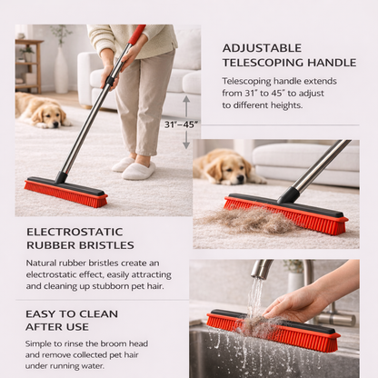 Pet Hair Remover Rubber Broom for Carpet, Rugs, & Furniture