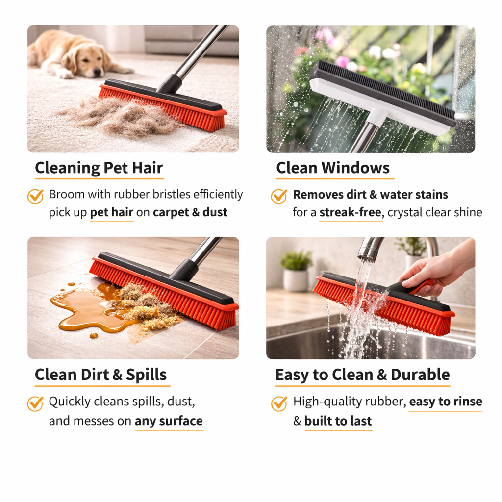 Pet Hair Remover Rubber Broom for Carpet, Rugs, & Furniture